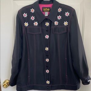 Vintage Bob Mackie Wearable Art 100% Silk Black Jacket Embroidered Daisy Size XL